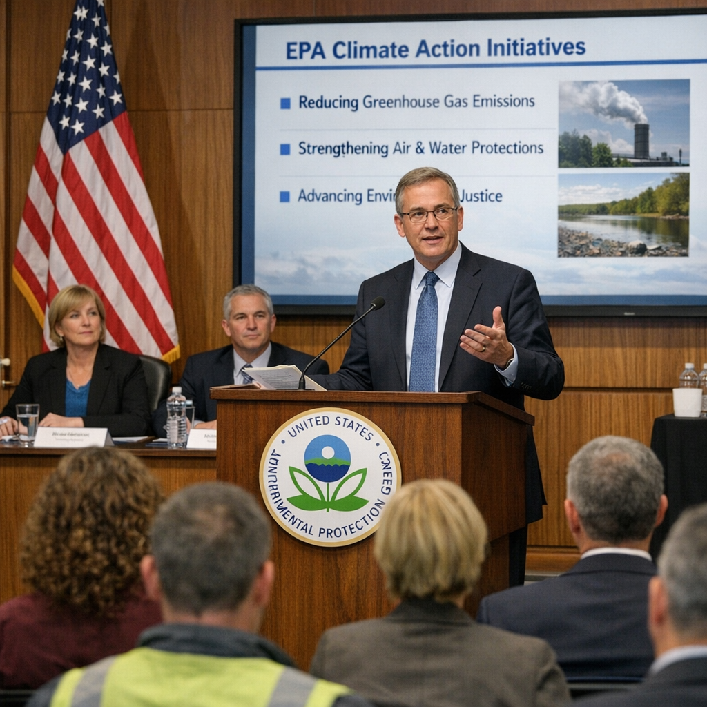 an EPA official presenting to a mixed audience of environmental advocates, industry representatives, and community leaders in a government hearing room