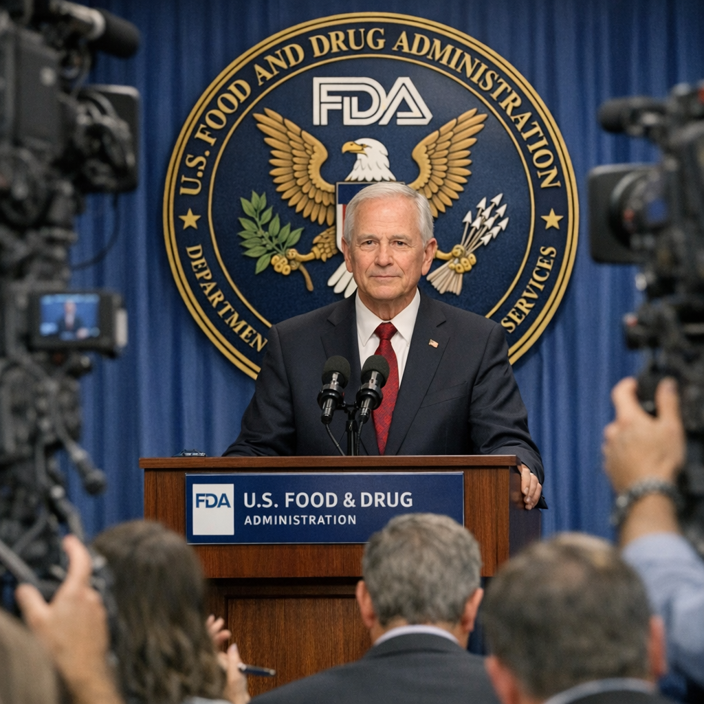 Senior FDA official delivering a regulatory transparency briefing, demonstrating authoritative and clear public communications that build institutional confidence