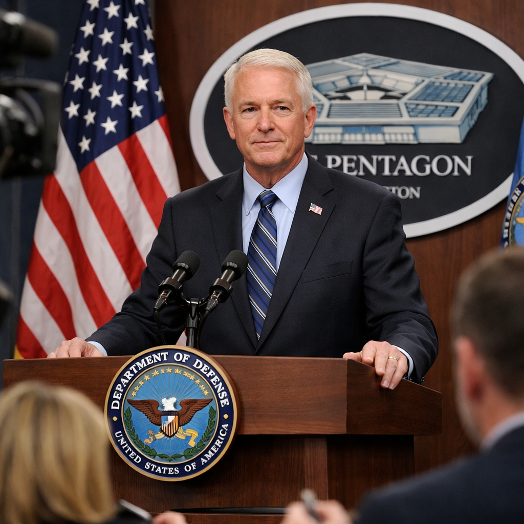 Senior Pentagon spokesperson delivering an official defense communications briefing, balancing operational security with democratic transparency