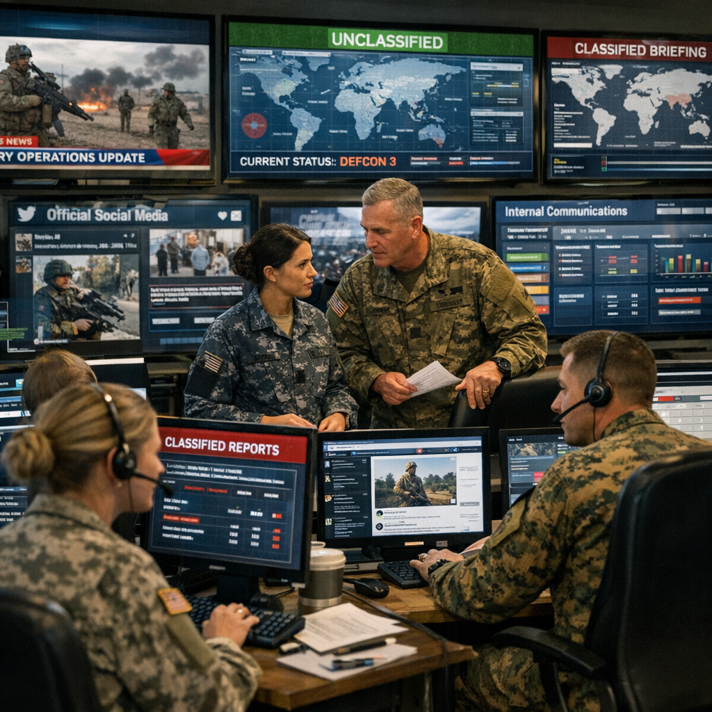 Defense public affairs team managing classified and unclassified communications simultaneously in a military media operations centre