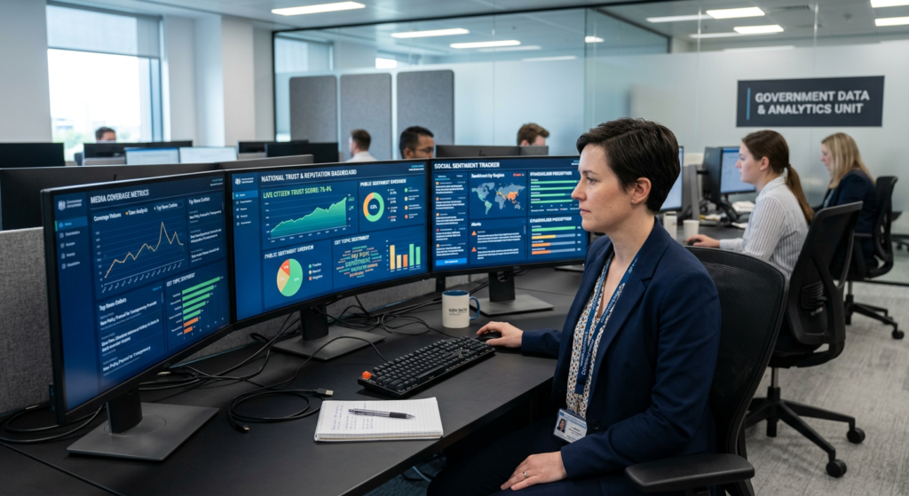 Government PR analyst reviewing public sector reputation data and trust metrics on live dashboards