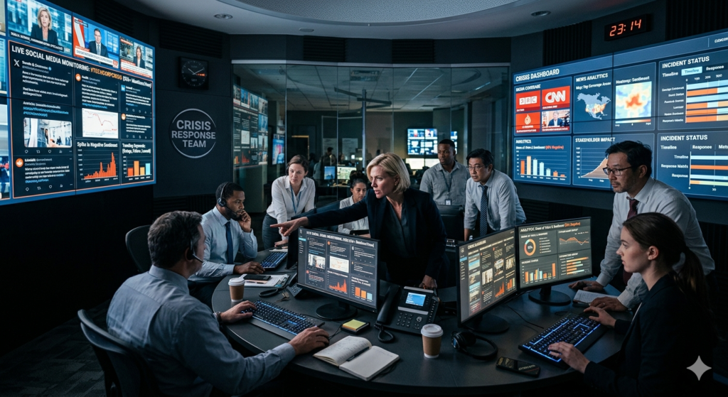 Corporate crisis team monitoring real-time communication dashboards during an emergency response.