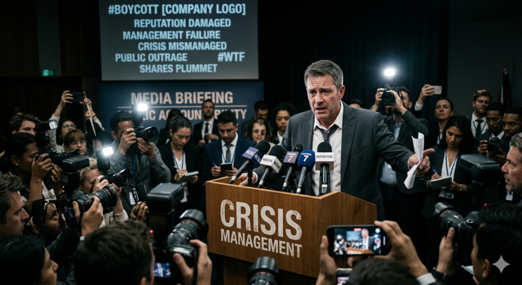 view of media briefing and social media backlash during a corporate crisis.