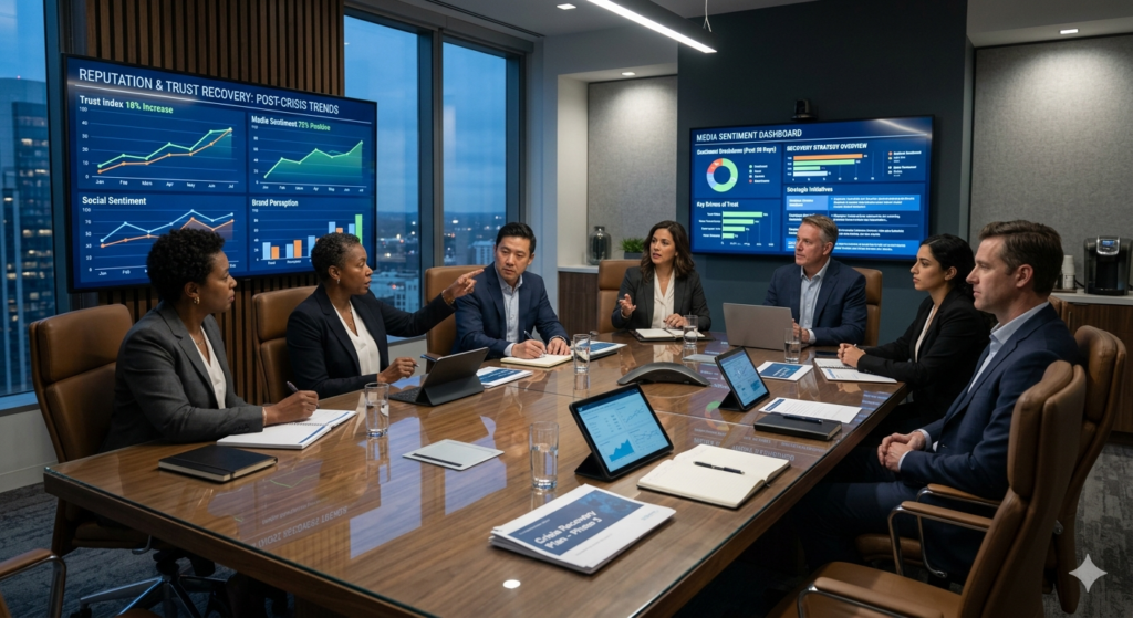 Corporate executives analyzing reputation recovery data and rebuilding brand trust after a corporate crisis