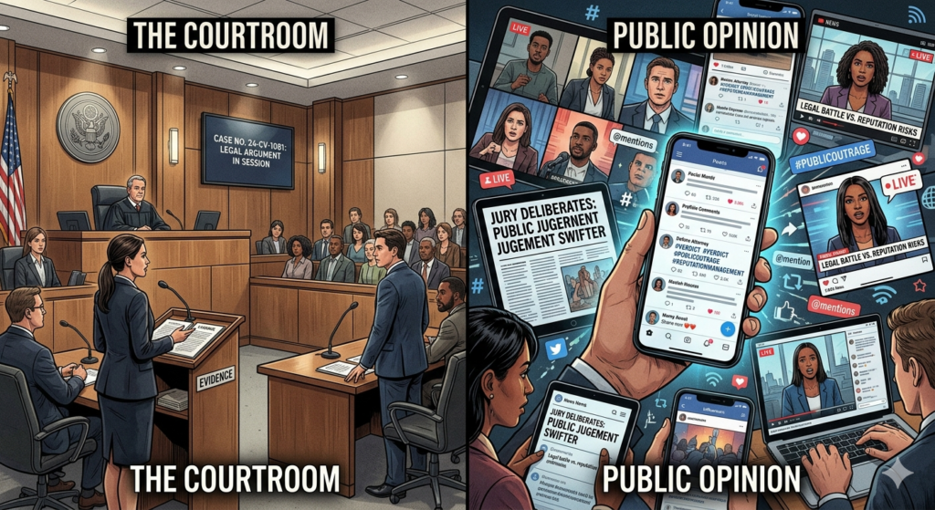 Split-screen image of a courtroom on one side and social media reactions on the other, illustrating litigation PR and reputation management during legal disputes.