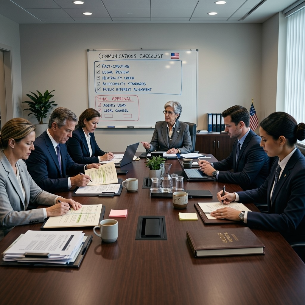 Government legal and communications team conducting a non-partisan messaging review during election year communications planning