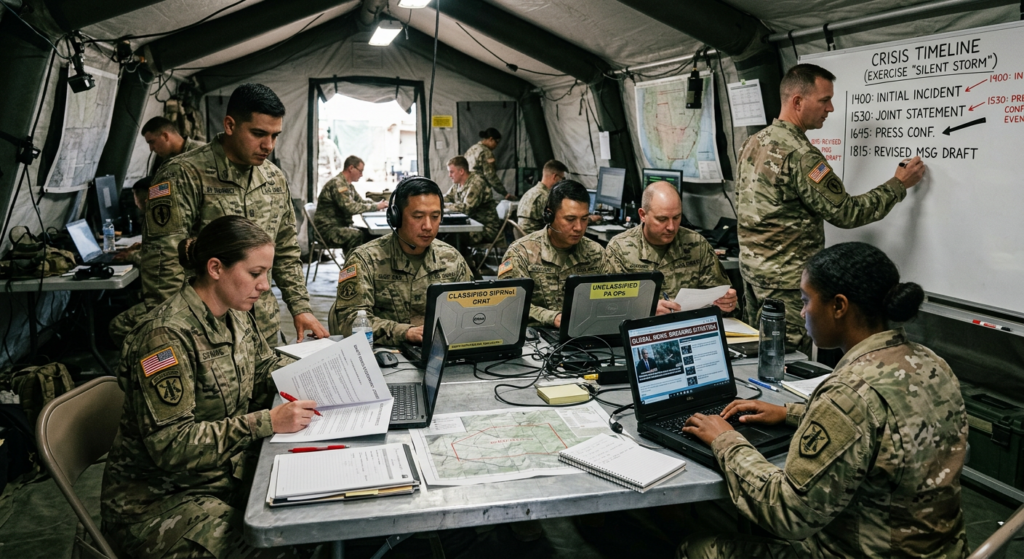 Military public affairs team conducting a crisis communications simulation exercise, rehearsing coordinated armed forces PR response under realistic operational pressure