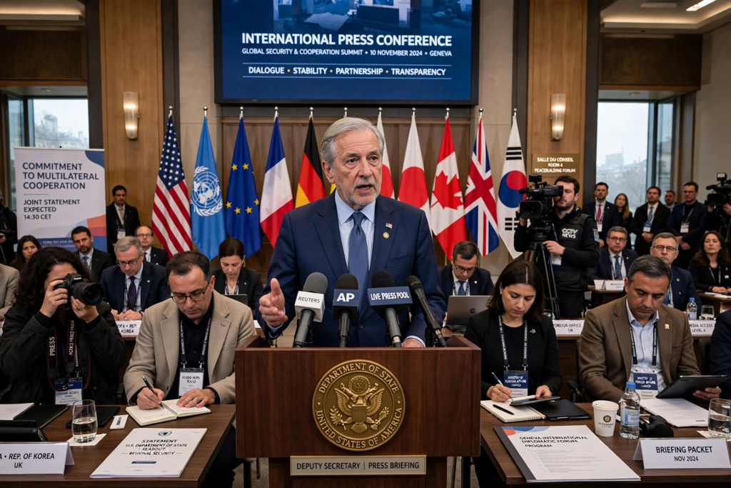 Senior State Department diplomat delivering strategic diplomatic communications at an international press conference, shaping global public opinion on a major foreign policy issue