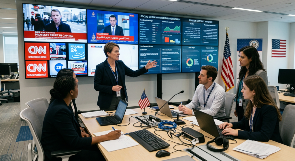Alt text: Embassy communications team monitoring international media and social platforms for disinformation threats, executing real-time counter-disinformation diplomatic communications strategy