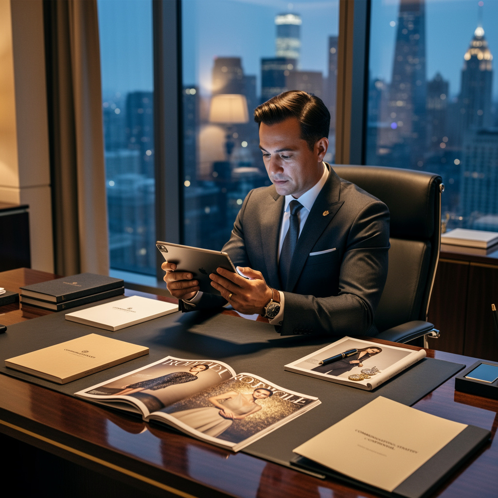 Luxury brand PR director reviewing a premium controversy recovery strategy in a sophisticated private communications setting