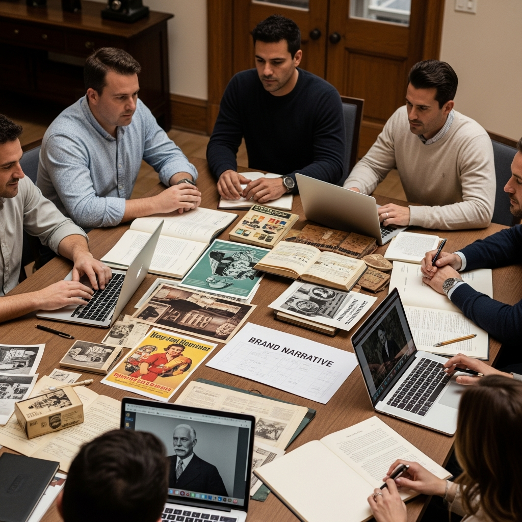 Legacy brand PR team developing a heritage storytelling strategy, connecting archival brand history to a modern communications narrative for contemporary audiences