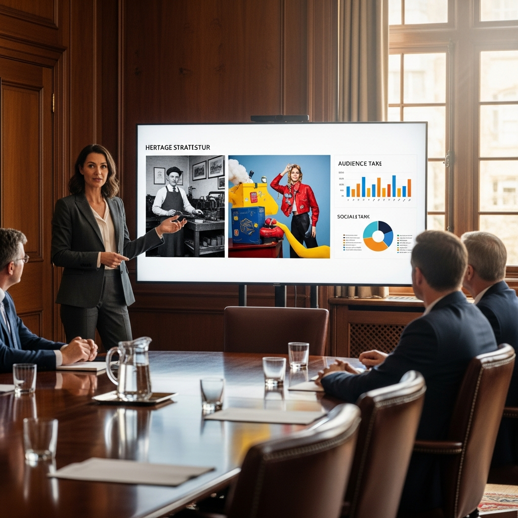 Senior brand strategist presenting a legacy brand PR heritage storytelling framework that connects archival brand identity to contemporary audience relevance and modern market growth.