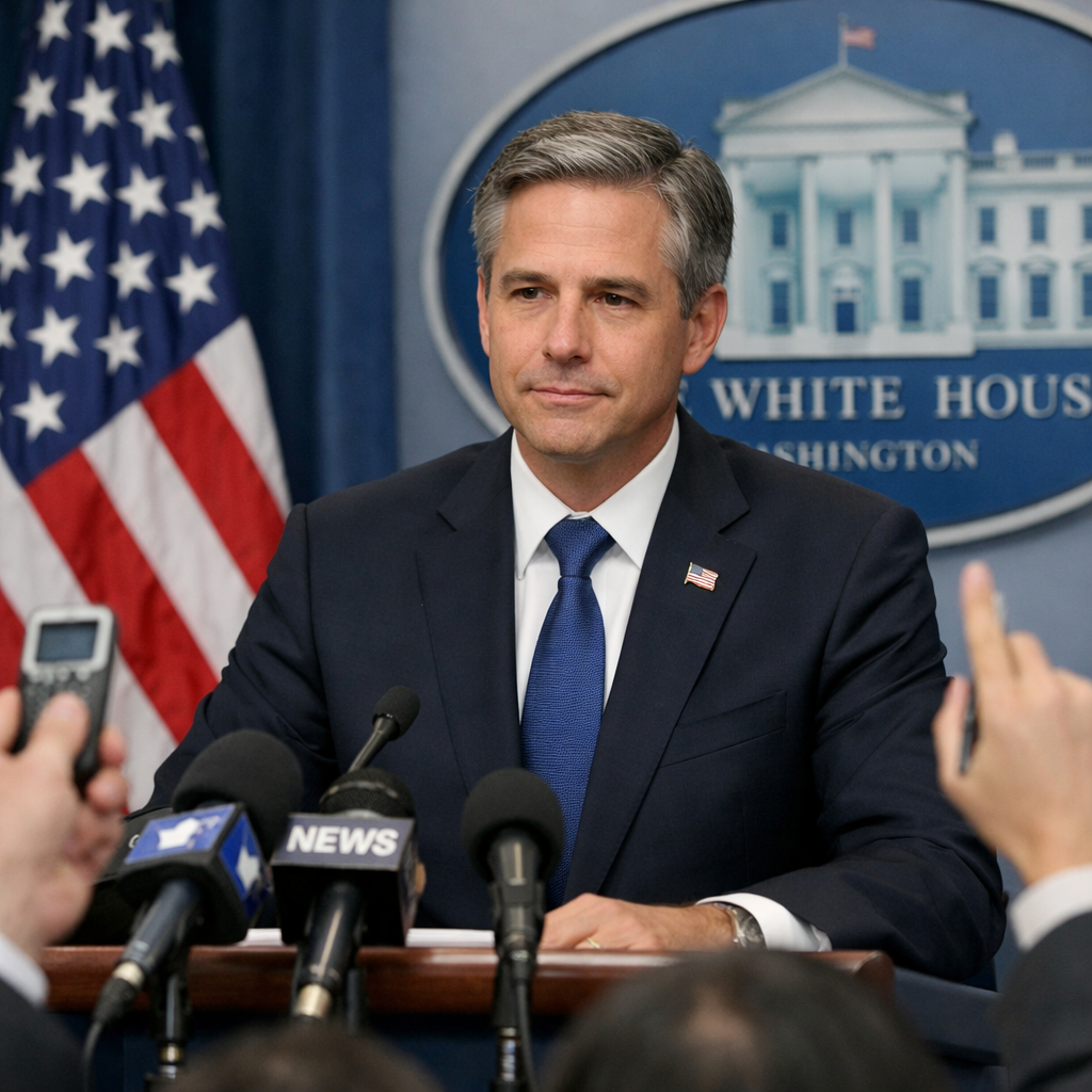 Government agency spokesperson delivering a calm, non-partisan official statement during an election year press briefing, demonstrating institutional independence under political scrutiny