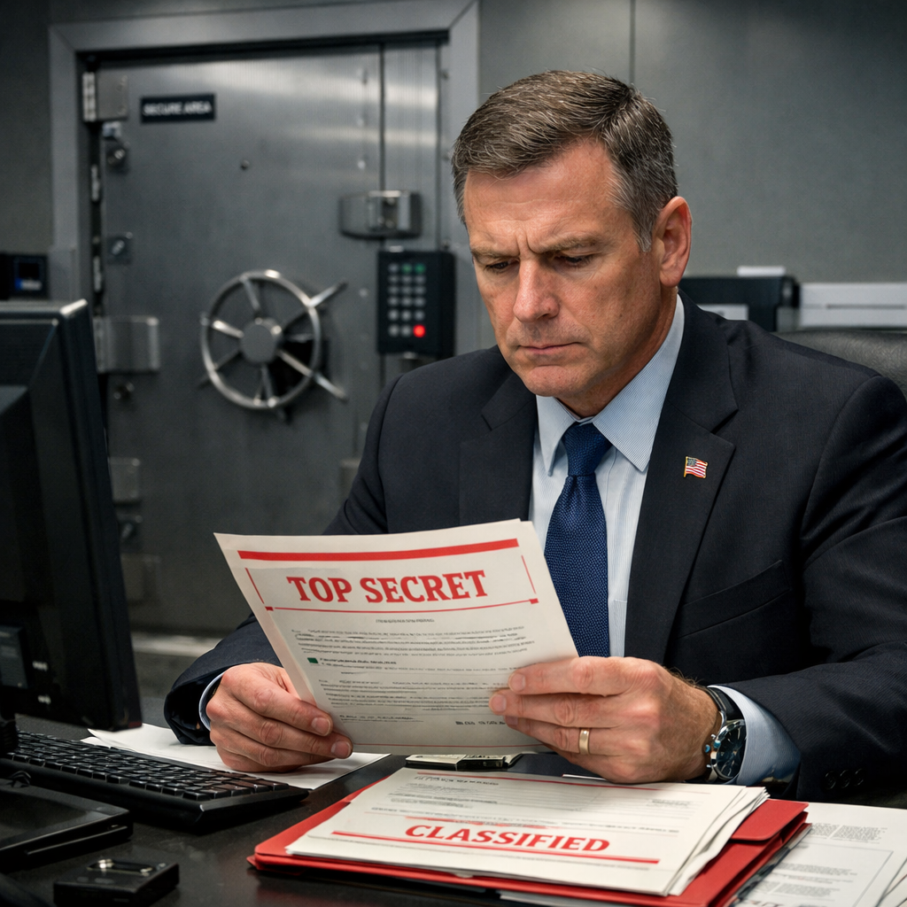 Government official reviewing classified materials inside a Sensitive Compartmented Information Facility, demonstrating the secure environment that classified information PR protocols are designed to protect