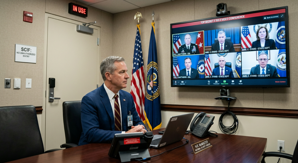 Senior government official conducting a classified video conference through an approved secure government communications system, demonstrating the correct classified information handling that PR protocols are designed to enforce