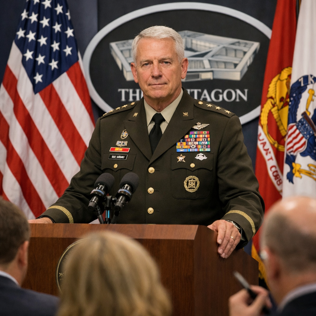 enior uniformed military spokesperson delivering a non-partisan institutional press briefing at the Pentagon, projecting the professional credibility that effective military PR strategy requires