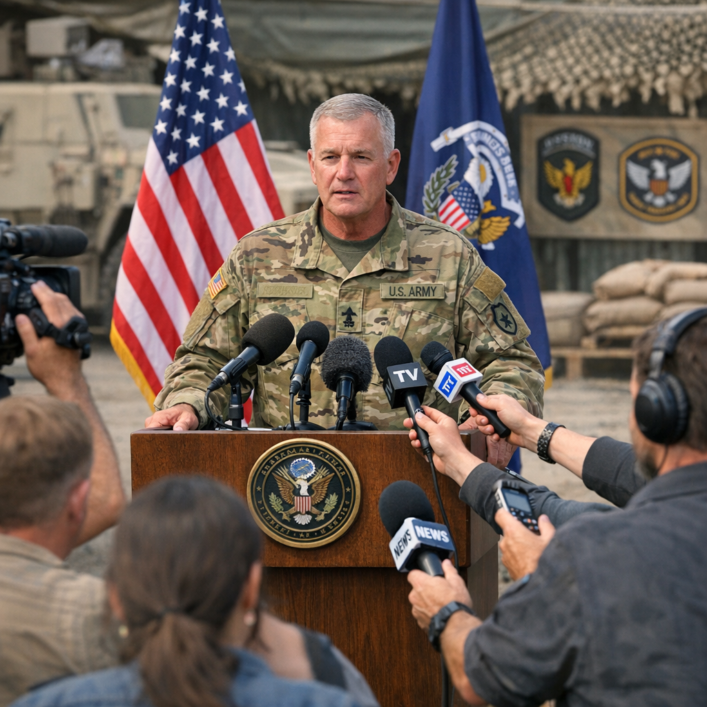 Military public affairs officer conducting a field press briefing, demonstrating disciplined armed forces communications under operational conditions